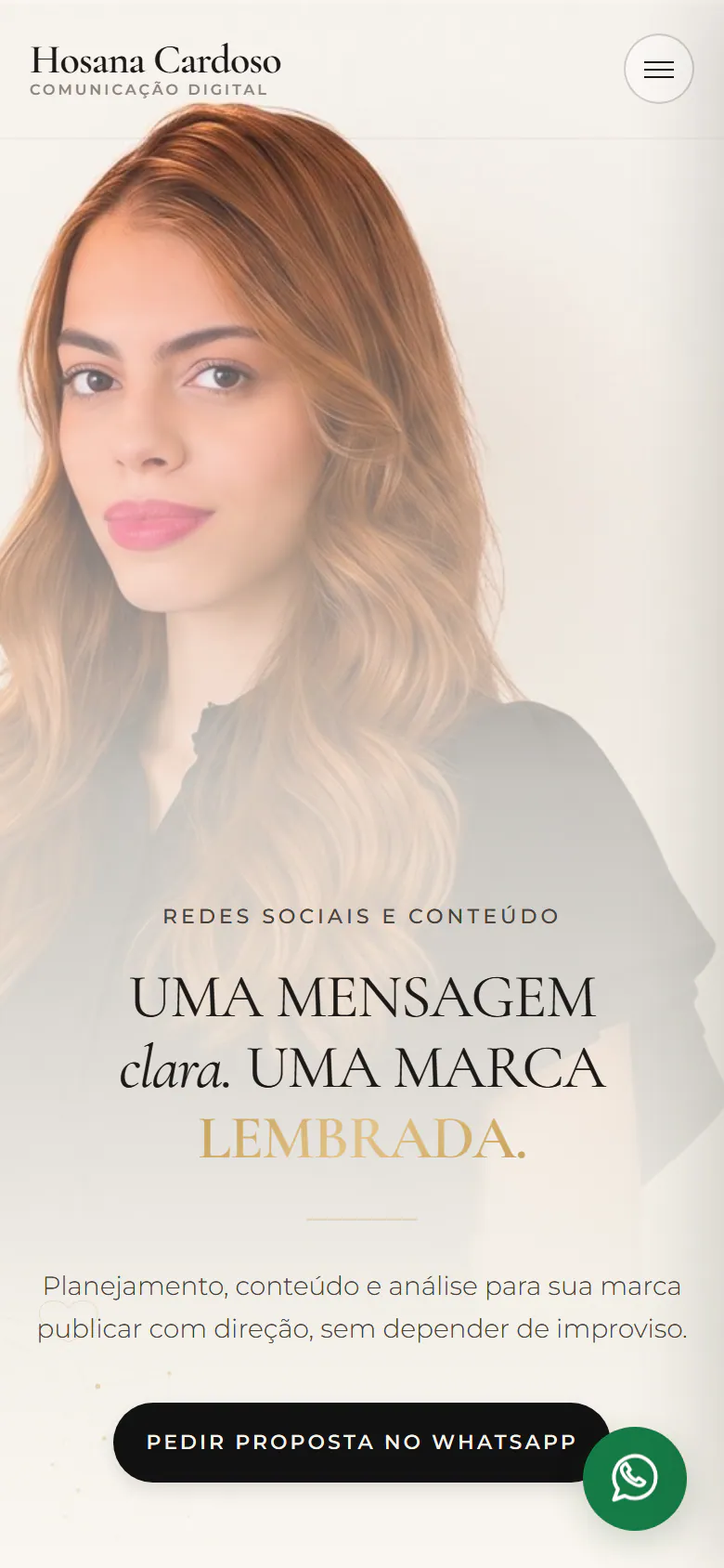 Página inicial do site Hosana Cardoso no celular